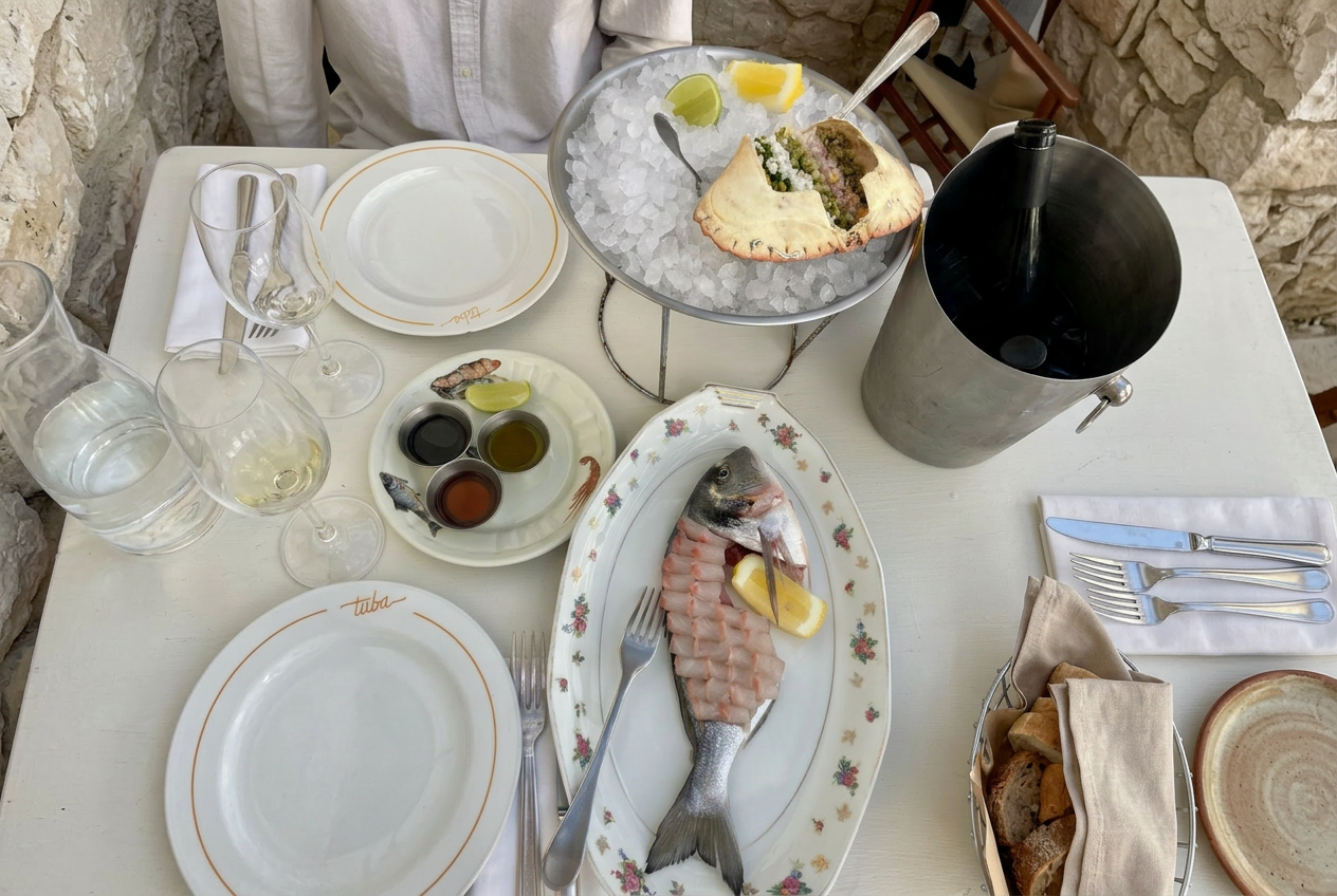 Seafood table at a Marseille seaside restaurant — whole sea bream, crab and condiments