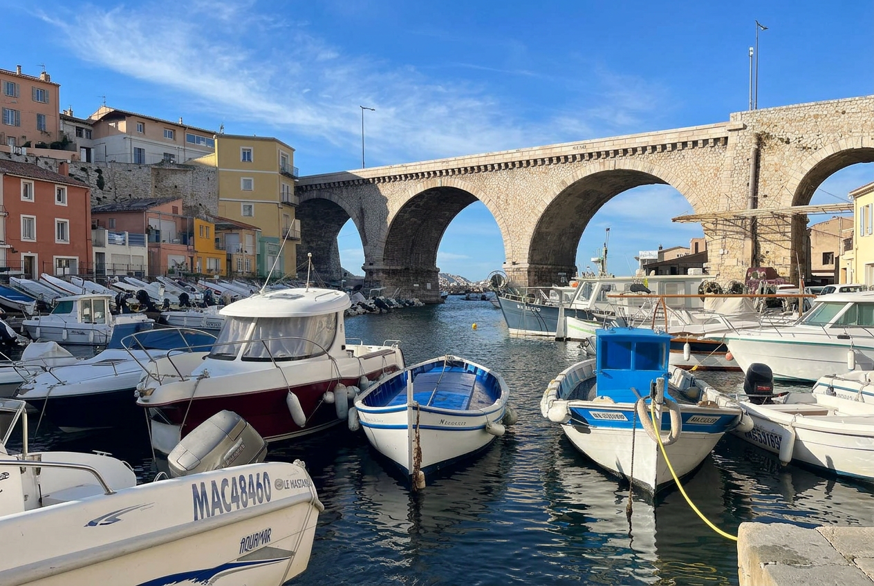 Fishing boats moored in the Vallon des Auffes harbour beneath the stone arches of the Corniche bridge in Marseille