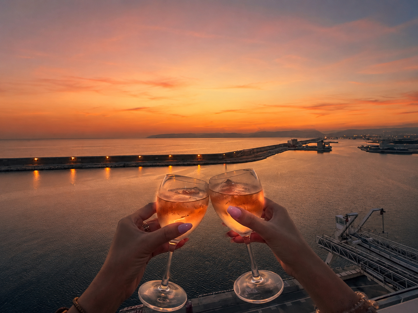 Two glasses of Provençal rosé raised at sunset over the Marseille harbour