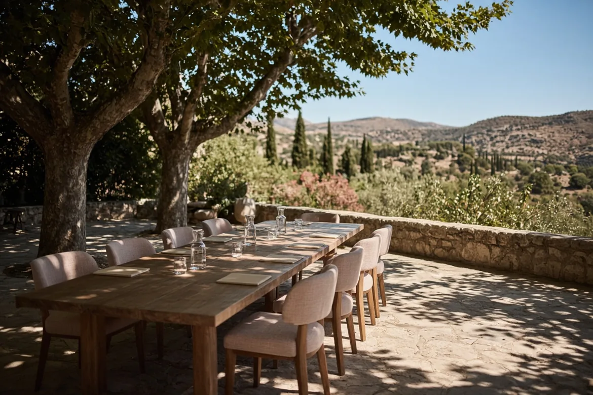 Long wooden table set up under plane trees on a stone terrace overlooking the Provence hills