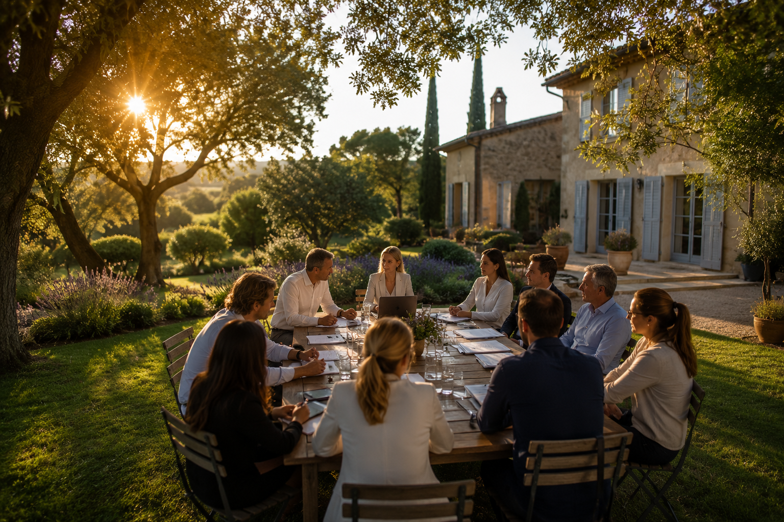 Executive team meeting outdoors at a Provençal mas at sunset — corporate retreat by Aura Provence