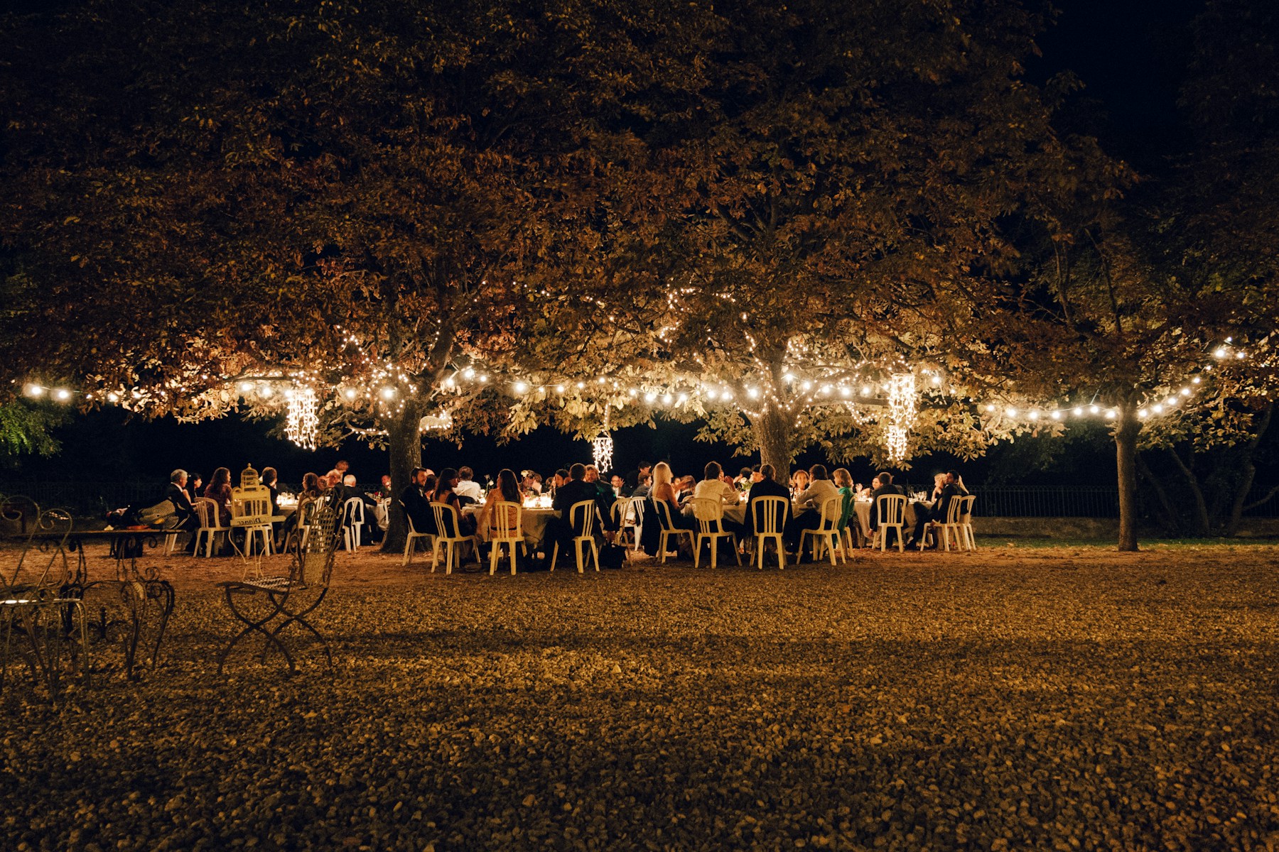Guests at a long outdoor dinner under plane trees strung with lights